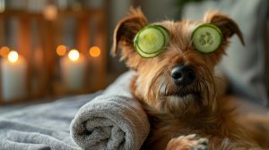 Irish Terrier dog in a spa setting with cucumbers on its eyes_medium dog apartment