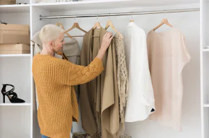woman in yellow with hangers choosing her clothes_w.i.c. room