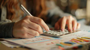 woman's hands holding a pen, with a calculator on the side, making calculations and budgeting_apartment insiders charlotte nc